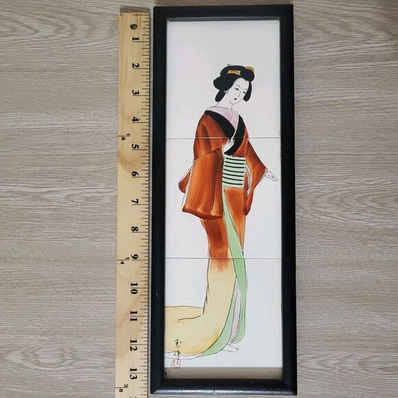 Vtg Japanese Geisha Girl Signed Framed Hand-painted Porcelain Tile- Enesco - MCM - Picture 2 of 10